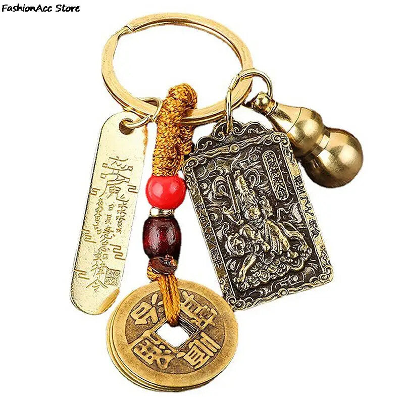 Chinese Style Zodiac Brass Gourd Five Emperors Money Keychain Metal Fengshui