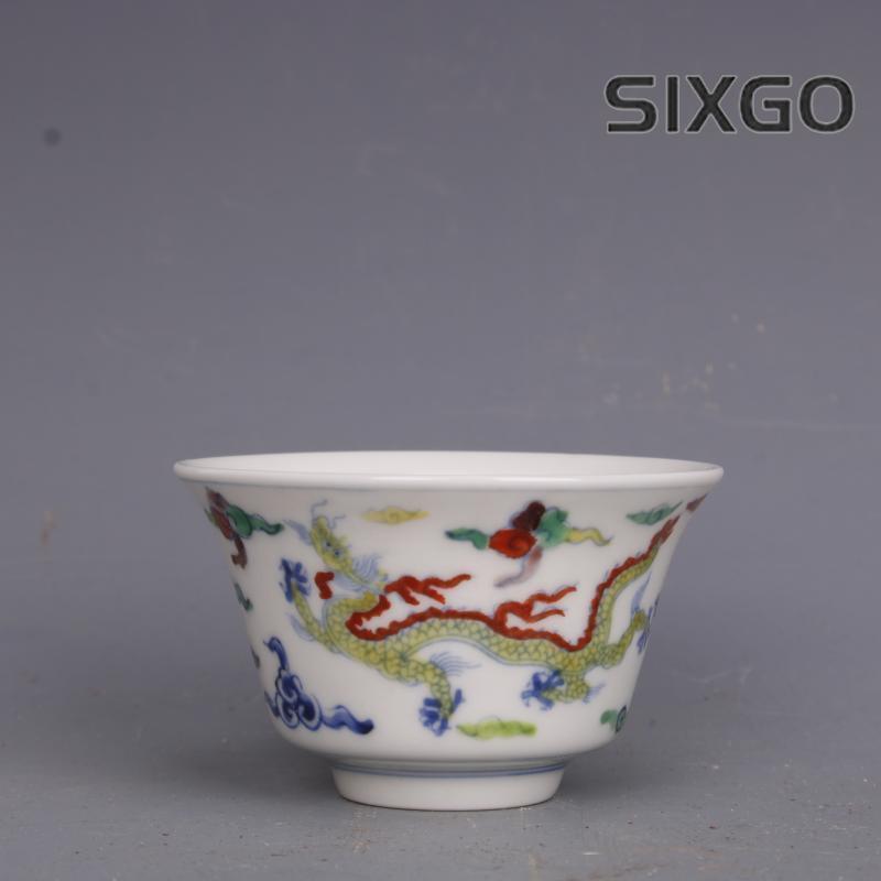 2.8" China Ming Blue White Doucai Contrasting Colors Porcelain Animal Dragon Cup