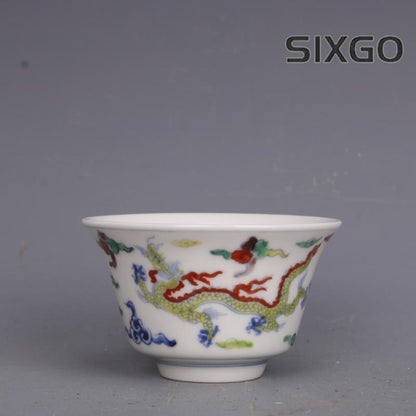 2.8" China Ming Blue White Doucai Contrasting Colors Porcelain Animal Dragon Cup
