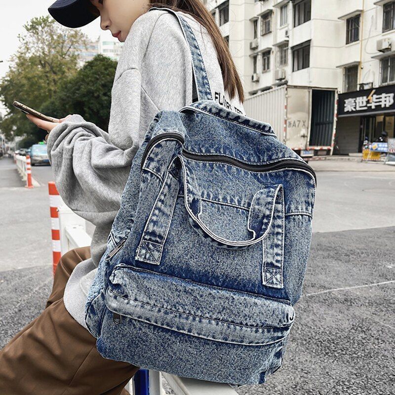 Women Backpack Large Capacity Daypack Denim Rucksack School Bag Retro 33*13*37CM