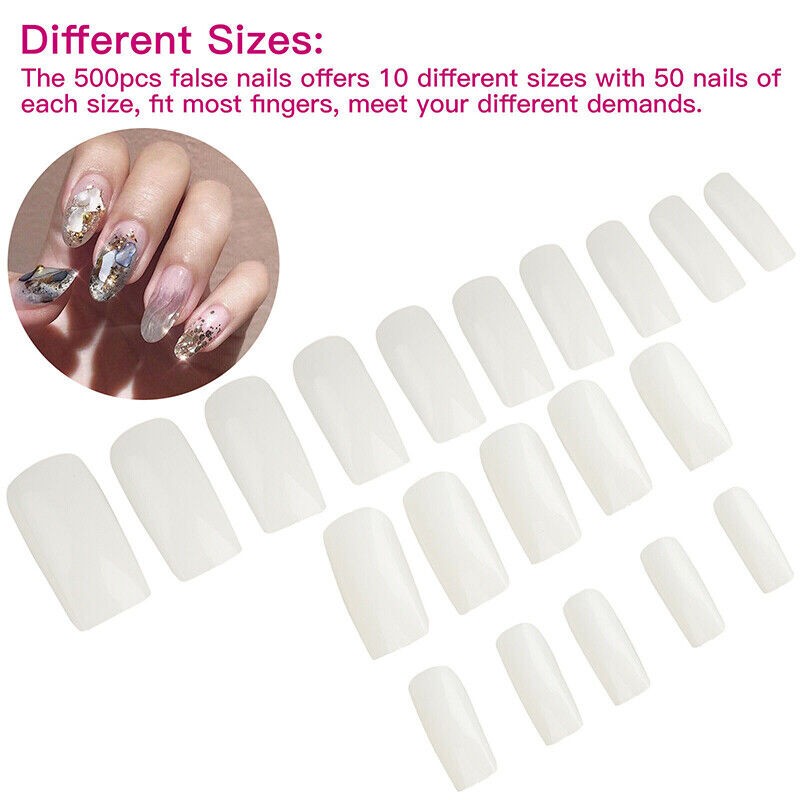 500pcs #0-#9 Fashion Manicure Full Cover Natural False Nails Fake Tips Assorted