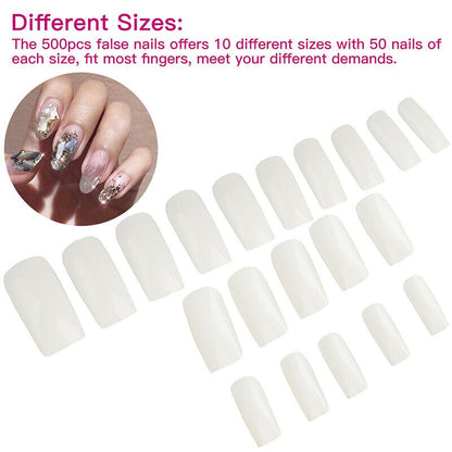 500pcs #0-#9 Fashion Manicure Full Cover Natural False Nails Fake Tips Assorted