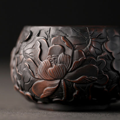 One Cup Handmade Floral Dragon Carved Yixing Zisha Purple Pottery Kungfu Teacups