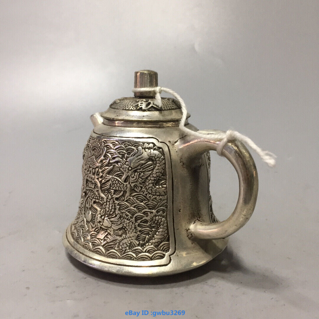 Asian Chinese Old Tibet Silver Hand-carved Dragon Teapot