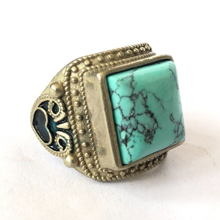 Rare China Antique Collection Old Ring Inlay Turquoise Gemstone Woman Gift