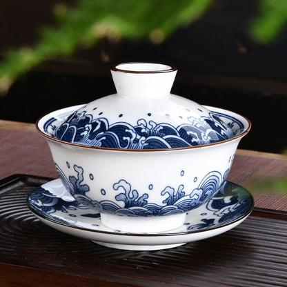 140ml Antique Blue White Porcelain Gaiwan Tureen Kung Fu Tea Cup Bowl Tea Set