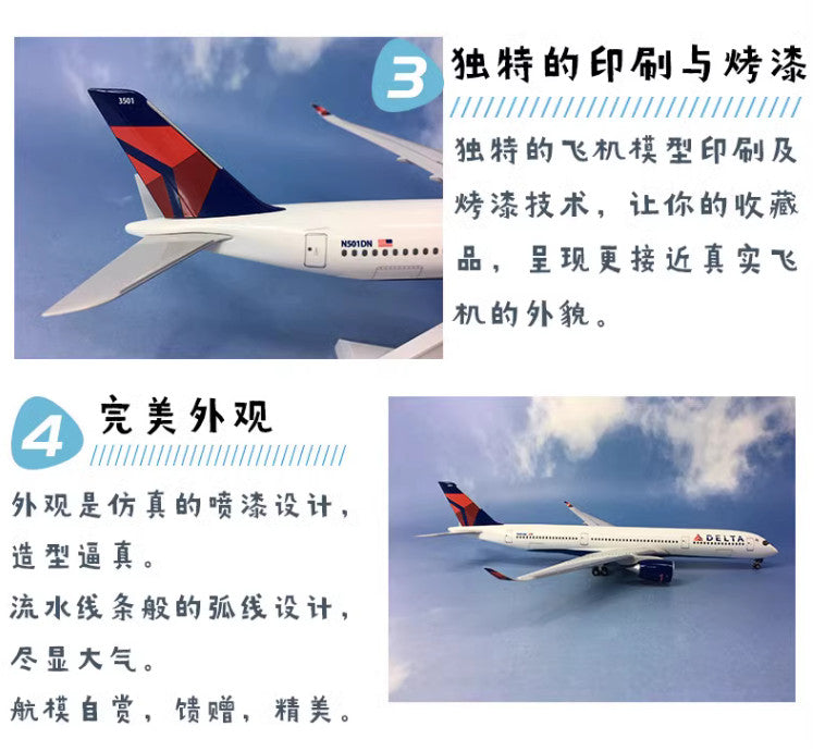 33CM 1:200 Risesoon DELTA AIRBUS A350-900 Airplane ABS Plastic Aircraft Model