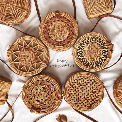 Straw Bag Round Woven Handmade Summer Polyester Crossbody Shoulder Bag Polyester