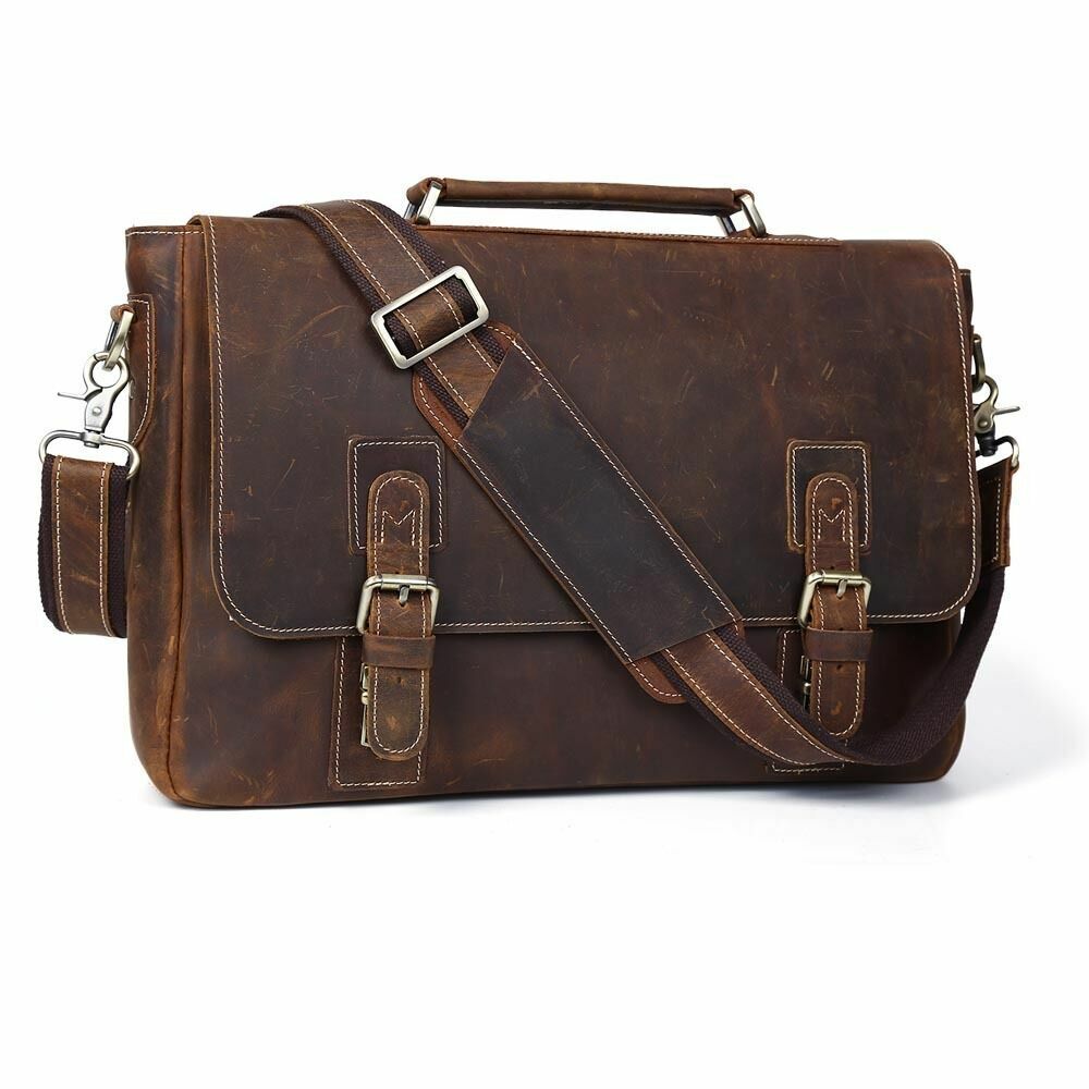 Mens Real Leather Briefcase Messenger Bag 15" Laptop Case Brown Handbag Satchel
