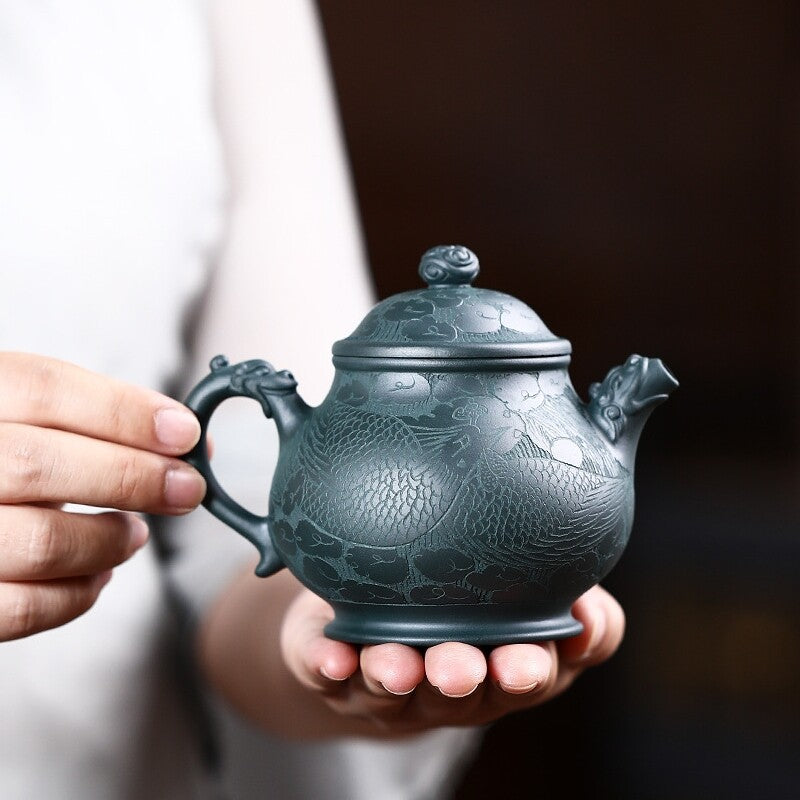 True Yixing Zisha Tea Pot Dragon Carved Tianqing Clay Master Pot Marked 320ml