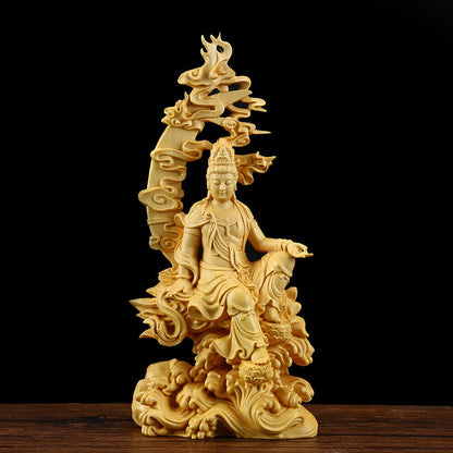 Office Guanyin Kwan-yin Figure Buddha Statue Boxwood Craft Sculpture