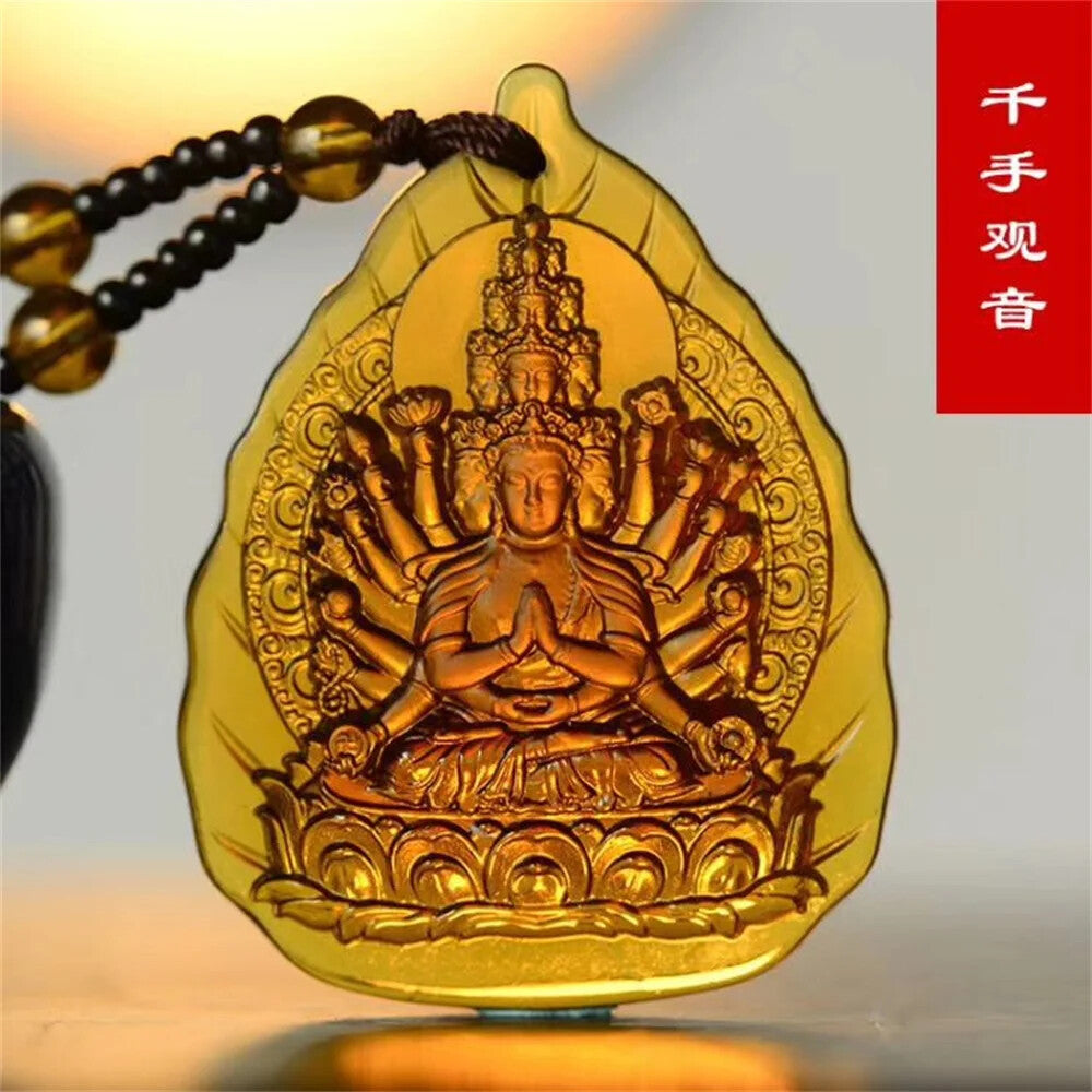 Glamour Ice Yellow Crystal Carved Talisman Buddha Buddhist Pendant Religious Necklace -