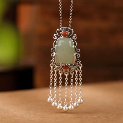 Vintage Tassel Bell Pendant Necklace Natural Jade Agate Silver Plated Set