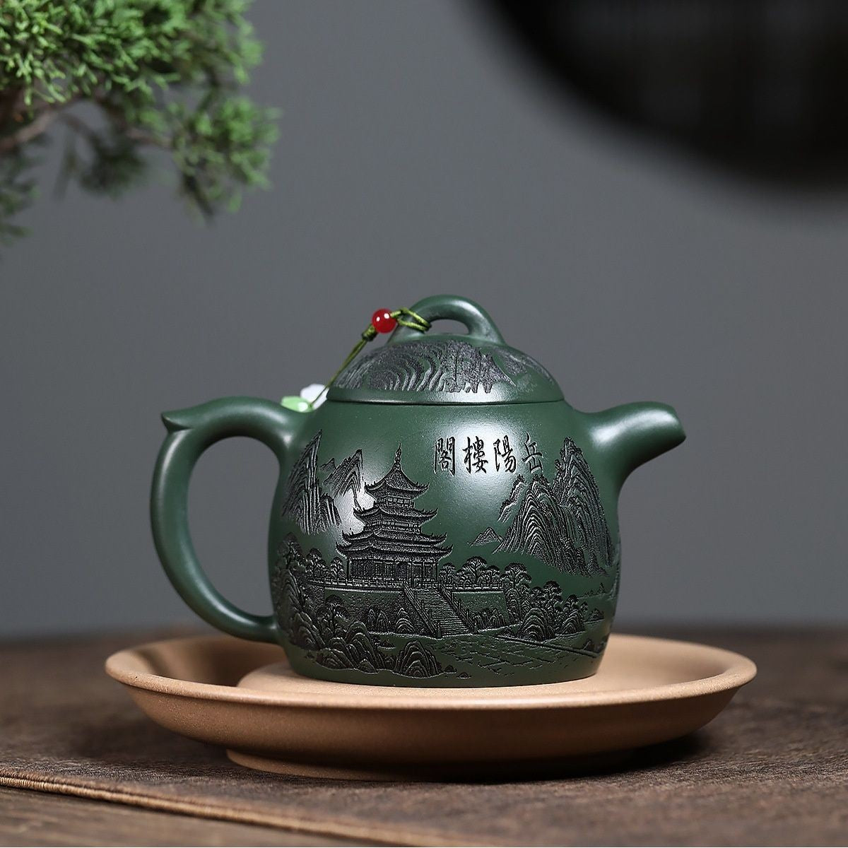 320ml Yixing Zisha Green Clay Teapot Handmade Yueyang Tower Qin Quan Tea Pot