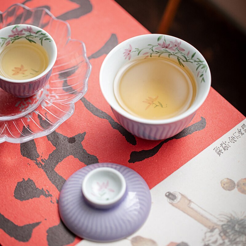 Hand Painted Flowers Gaiwan for Tea Ceramic Stripe Tureen Teaware Set Purple