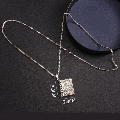 Vintage Silver Cross Bible Book Pendant Necklace Unique Jewelry For Men Women