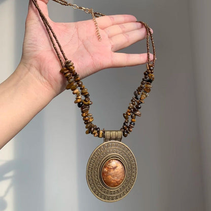 Bohemian Tiger Eye Necklace Women Oval Pendant Chip Bead Ethnic Jewelry