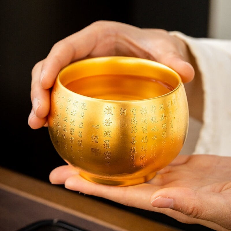 24k Gold Tea Cup Zen Style Chinese Mater Heart Sutra Carved Full Handmade 180ml