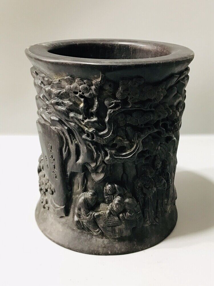 chinese carved brush pot men statue antique wood carving Figure-story wooden art