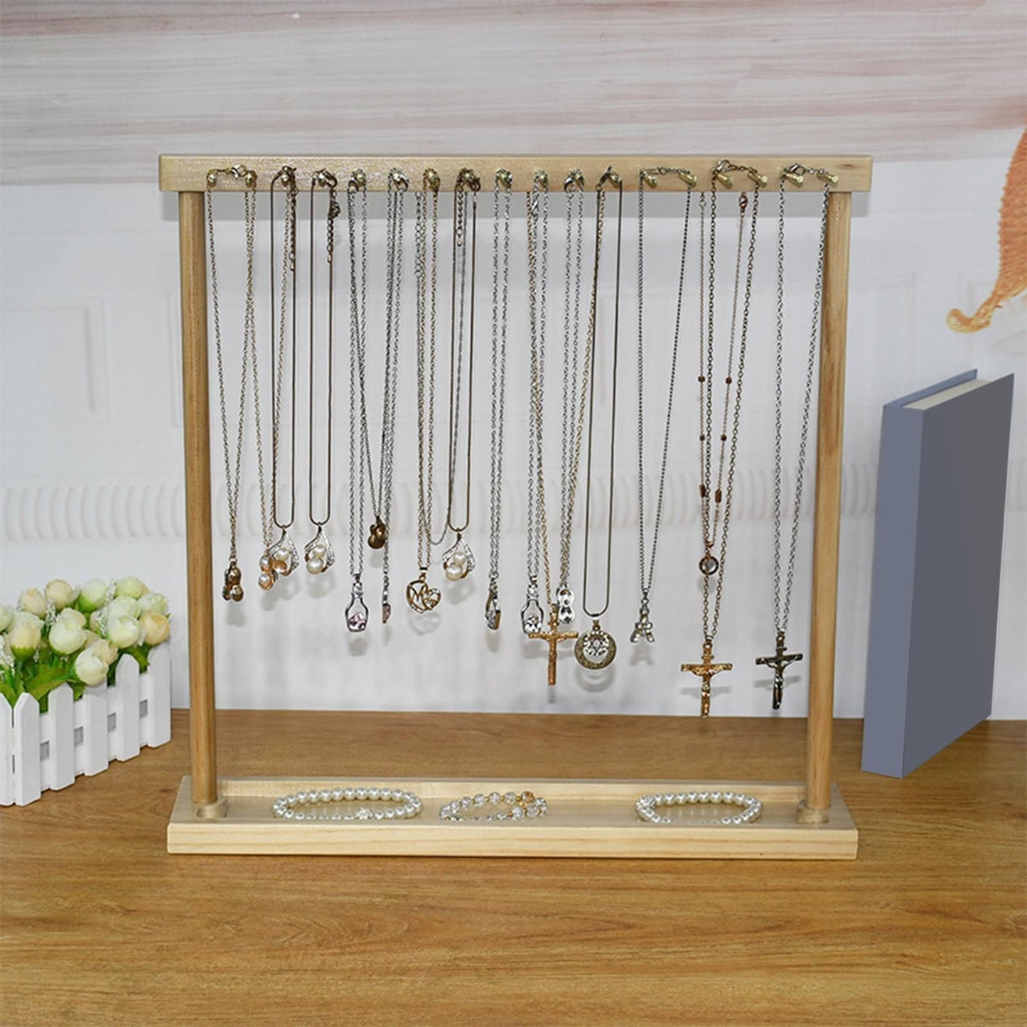 Jewelry Organizer Wooden Necklace Display Stand Chains Earrings Rack 30x26x7.5cm