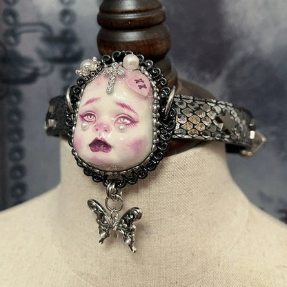 Gothic Crying Doll Head Choker Lace Pearl Butterfly Pendant Necklace