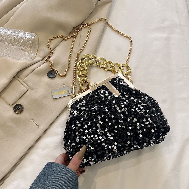 Sequin Shoulder Messenger Bag Buckle Handbag Thick Chain Polyester Purse Hasps