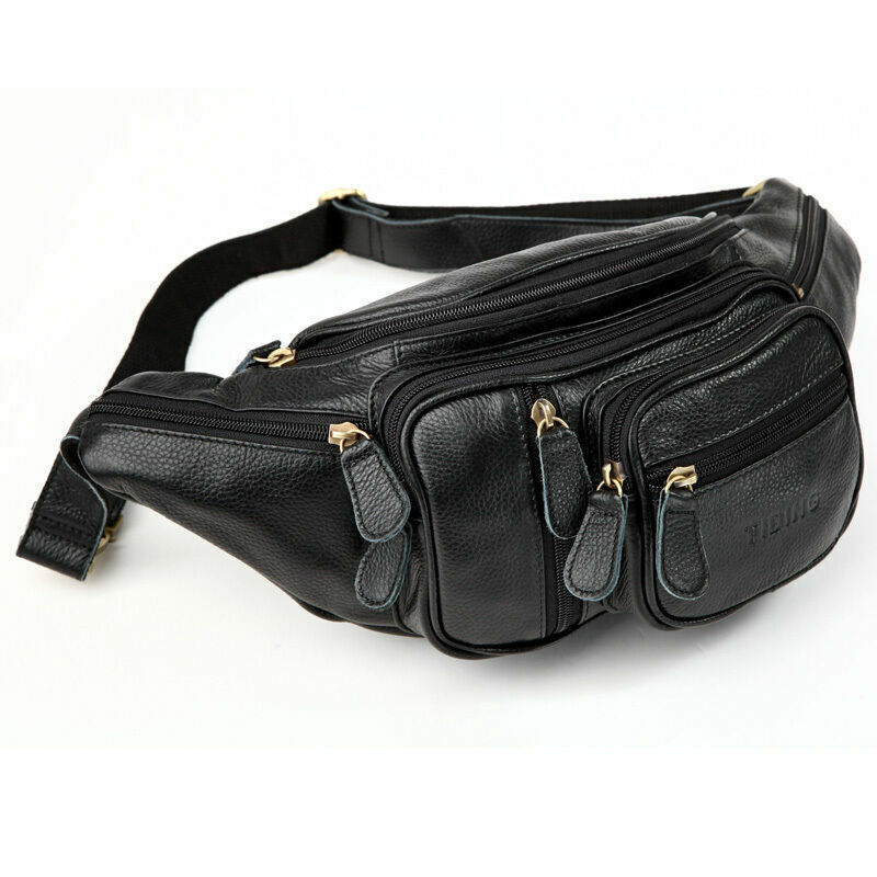 Cross-body Bag Cowhide Leather Black Fanny Pack Durable Men waist Bag Running