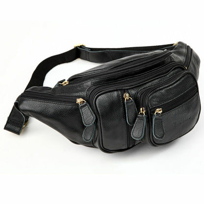 Cross-body Bag Cowhide Leather Black Fanny Pack Durable Men waist Bag Running