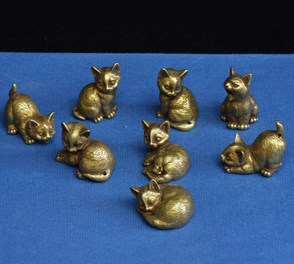 8 PC Brass Cute Cat Statue Kitty Pet Animal Figure Home Decor Collection