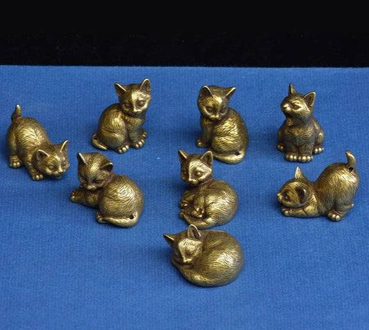 8 PC Brass Cute Cat Statue Kitty Pet Animal Figure Home Decor Collection