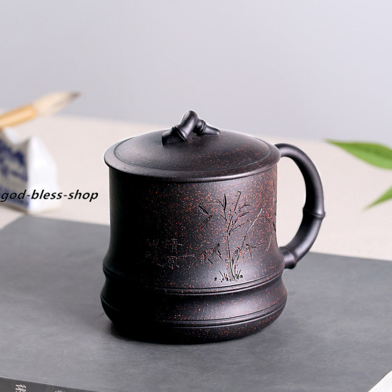 Real Authentic Yixing Zisha Purple Tea Cup Bamboo Carved Office Cup 380ml Mug