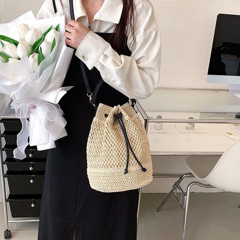 Drawstring Straw Bucket Bag Woven Shoulder Purse Handbag Polyester Crossbody Bag