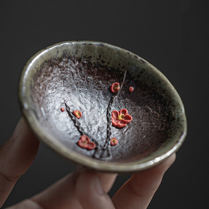 35ml Handmade Tea Cup Antique Style Kungfu Tea Cup Ceramic Crude Potery Floral