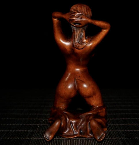 Old Chinese Boxwood Wood Hand Carving Art Nude Beauty Belle Statue Sculpture