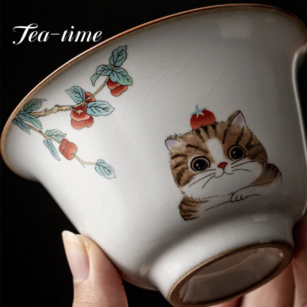 170ml Chinese Ru Kiln Ceramic Gaiwan Cute Cat Pattern Tea Tureen Teacup Tea Bowl
