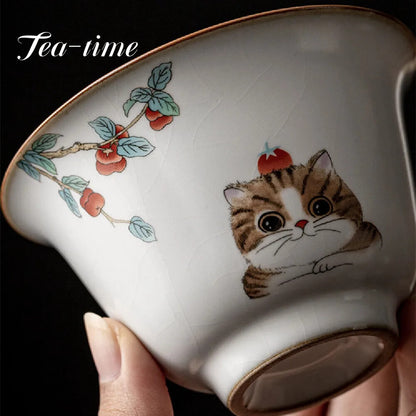 170ml Chinese Ru Kiln Ceramic Gaiwan Cute Cat Pattern Tea Tureen Teacup Tea Bowl