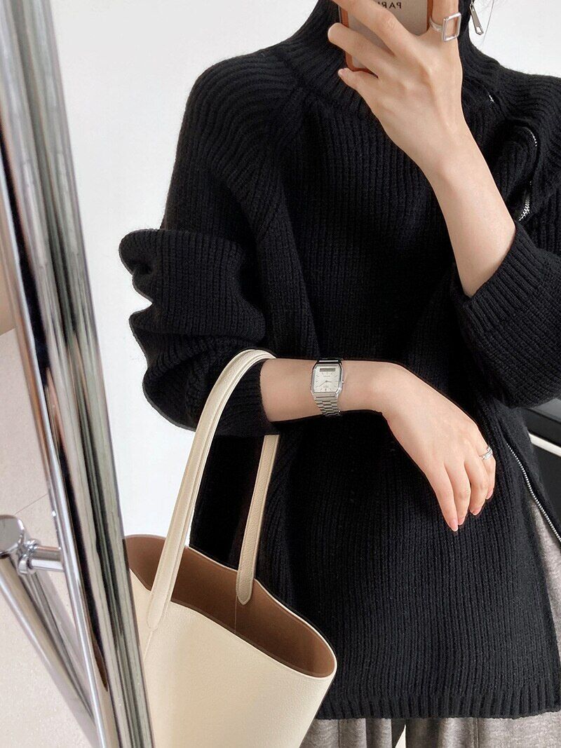 Women's Turtleneck Zipper Sweater Gray White Black High Neck Jumper