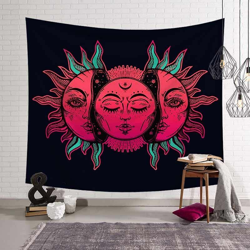 Psychedelic Tapestry White Black Sun Moon Mandala Wall Hanging Celestial Hippie