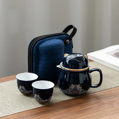 Ceramic Tea cups and Sets Cute Cat Portable Tea Set with Travel Case