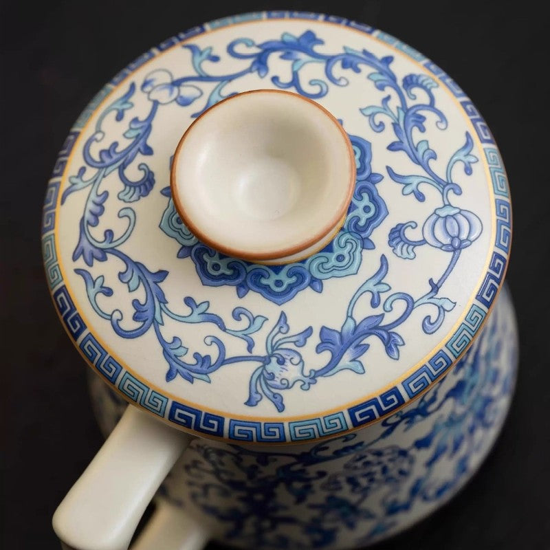 Ceramic Tea Cup With Handle Lid Blue-and-white Porcelain Office Mug Ruyao Craft