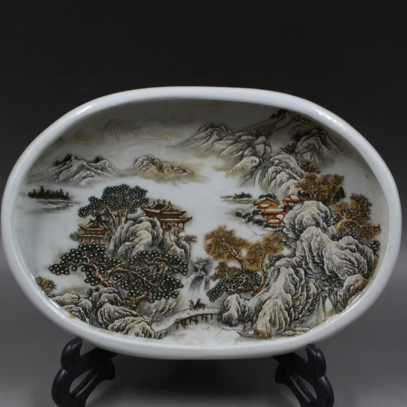 23cm China Porcelain Landscape Pattern Tea Tray Antique Collection Home Decorate