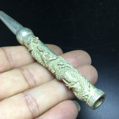 Tibetan Silver copper Dragon Head pipe Smoking Tool Statue Sacred Tobacco rod