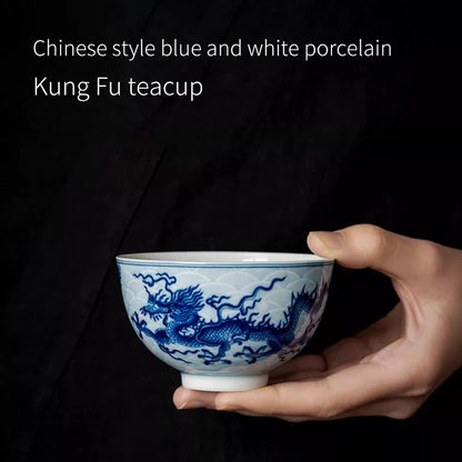 165ml Chinese Blue-and-White Porcelain KungFu Tea Bowl Dragon Pattern Teaware