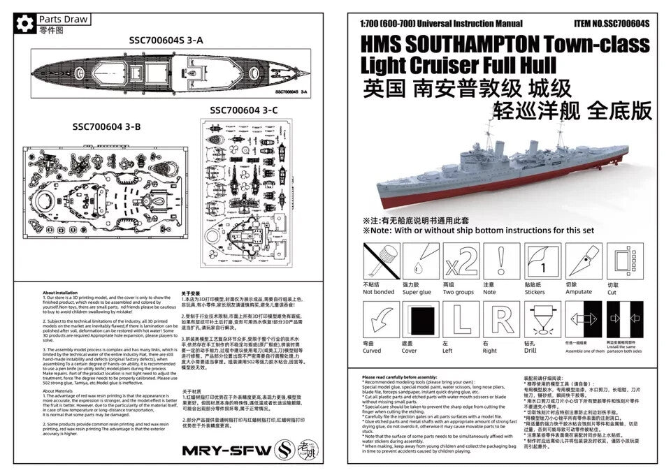 SSMODEL SSC700604S 1/700 Model HMS SOUTHAMPTON Town-class Light Cruiser FULLHULL