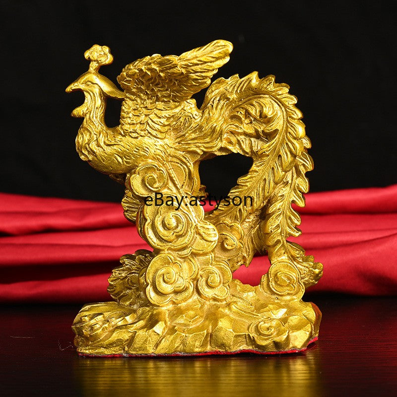 5" Old China Dynasty Bronze Gilt Fengshui Dragon Beast Phoenix Bird Statue Pair
