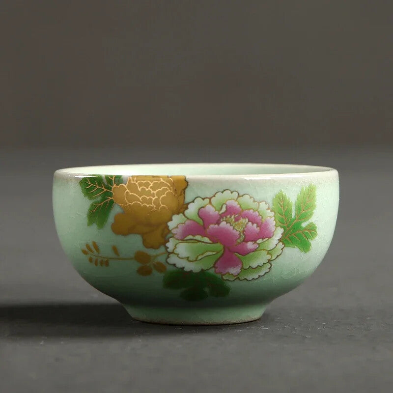 Ru Kiln Tea Cup Handmade Ceramic Cup Flowers Pattern Travel Tea Set Teacups