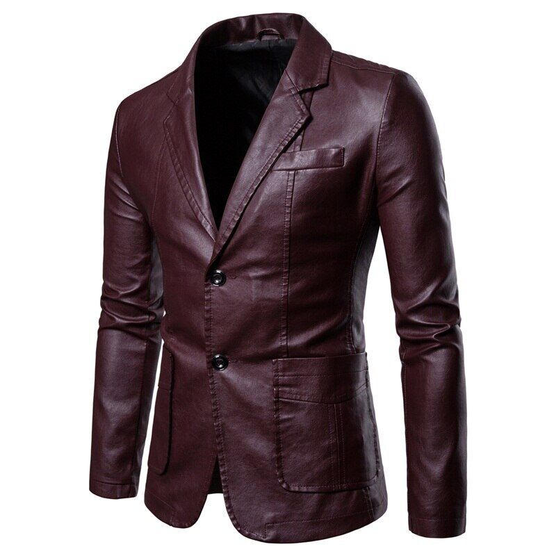 2022 Men's Lapel Leather Dress Suit Coat / Male Business Pu Jacket
