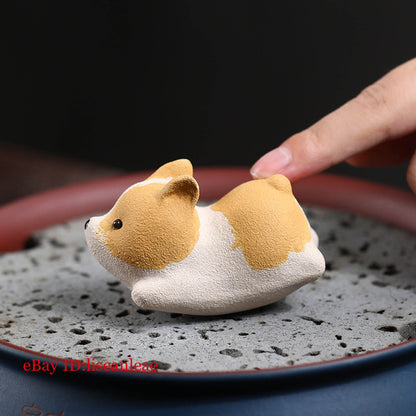 1PC 6.6*4.2*3.5cm Purple Clay Tea Pet Dog Cute Corgi's Tea Table Decoration