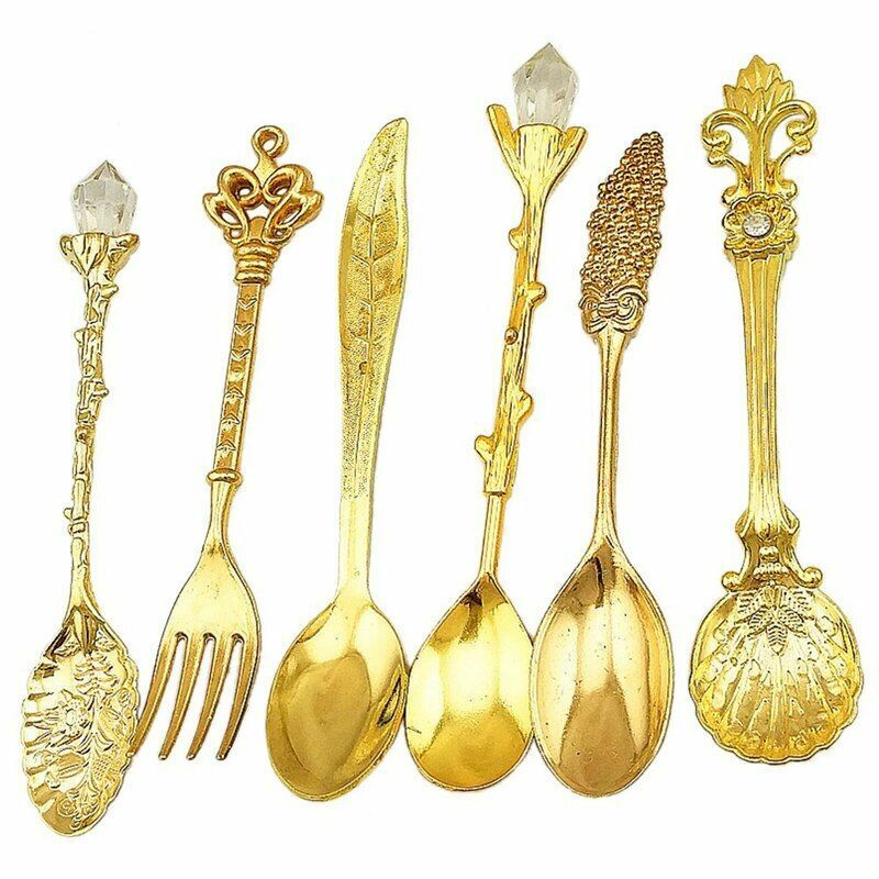 6Pcs/Set Vintage Dessert Spoons Fork 110x20mm Metal Gold Carved Coffee Tea Spoon