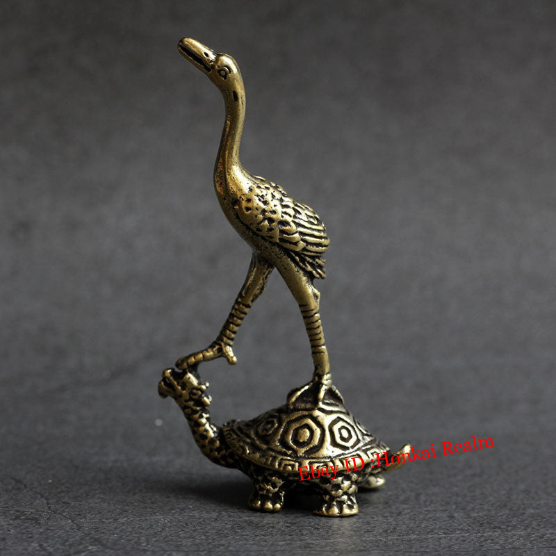Solid Brass Turtle & Crane Figurine Miniature Vintage Turtle Tea Pet Ornament